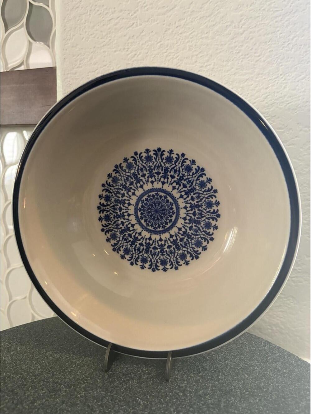 1 VTG  Design 70's Blue and Tan Center Medallion Serving  Bowl Japan 8.25” EUC